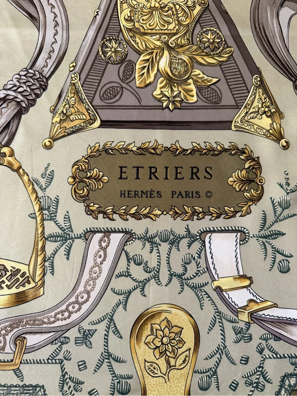 Hermes Etriers Silk Scarf with Gold Equestrian Hardware Print in Olive and Cream - Picture 3 of 16